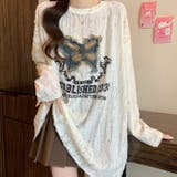 A-type(長袖）ホワイト | 選べる2type壊れた穴丸い首蝶刺繍プリントTシャツ | WITCH