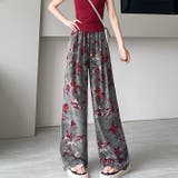レッド | 花柄 涼感シルク ハイウエストワイドパンツ | WITCH
