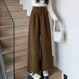 キャメル | チェック柄ウール調ワイドパンツ Aラインロングパンツ | WITCH
