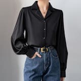 ブラック | サテンブラウスサテンシャツ 長袖 パフスリーブ | WITCH