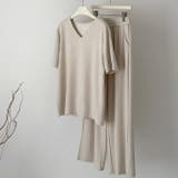 ベージュ | 大人シンプル2点セットゆったりとしたVネックトップス+ワイドパンツ | WITCH