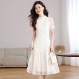 ベージュ | チャイナドレス レトロ風ワンピース 異素材切り替え 半袖 パフ袖 | WITCH