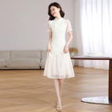 チャイナドレス レトロ風ワンピース 異素材切り替え 半袖 パフ袖 | WITCH | 詳細画像2 