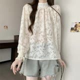 ベージュ | 花柄ジャガード ブラウス透け感シアー 長袖  | WITCH