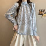 ブルー | 花柄ジャガード ブラウス透け感シアー 長袖  | WITCH