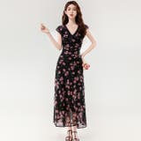 ブラック | 花柄プリントシフォン素材ロング丈ワンピース | WITCH