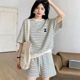ホワイト | ボーダー柄半袖Tシャツ&ショートパンツセットアップ | WITCH