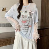 シアートップス猫プリントとリボン装飾レース袖切替 | WITCH | 詳細画像11