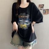 ブラック | サングラスとフードを着用した猫のイラストゆったり半袖Tシャツ | WITCH