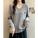 グレー | Vネックのケーブル編みニットプルオーバー | WITCH