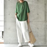 グリーン | Tシャツ レディース 半袖 綿 トップス カットソー ビッグシルエット Uネッ | HUG.U