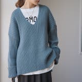 アッシュブルー | ニット レディース Vネック トップス セーター 黒 無地 長袖 リブ ドロッ | HUG.U