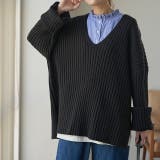 ブラック | ニット レディース Vネック トップス セーター 黒 無地 長袖 リブ ドロッ | HUG.U