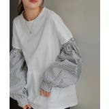 ホワイト×グレーストライプ | トップス レディース ブラウス カットソー ロング Tシャツ ロンT パフスリ | HUG.U