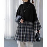 ブラック×チェック | ニット レディース トップス プルオーバー ハイネック タートル チュニック | HUG.U