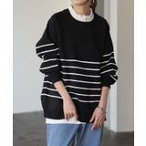 ブラック | トップス レディース プルオーバー スポンジニット ボーダー ニット 軽量 ト | HUG.U