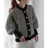 ブラック | カーディガン レディース トップス ボーダー パール 長袖 ショート ぽわん袖 | HUG.U