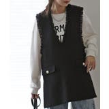 ブラックツイード | ベスト レディース トップス ツイード ジレ レイヤード 深V ツイードベスト | HUG.U