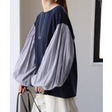 ピンストライプネイビー | ブラウス レディース トップス ぽわん袖 カットソー きれいめ ロンT 異素材 | HUG.U