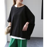 ブラック | Tシャツ レディース トップス 二の腕カバー ドルマン 体型カバー 半袖 五分 | HUG.U