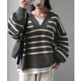 ボーダーグレー | ニット レイヤード レディース トップス セーター Vネック ゆったり ドロッ | HUG.U