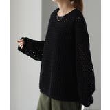 ブラック | ニット メッシュ プルオーバー ボーダー レディース セーター ぽわん袖 重ね | HUG.U