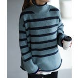 アッシュブルー | ニット ボーダー タートルネック レディース リブ リブニット セーター モヘ | HUG.U