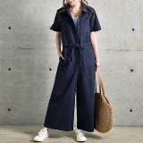 ネイビー | オールインワン レディース サロペット ワイドパンツ 大きいサイズ 半袖 シャ | HUG.U