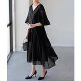 レース袖ブラック | ワンピース 結婚式 ロングワンピース シフォン パーティードレス 半袖 レディ | HUG.U