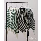 カーディガン レディース トップス ボーダー パール 長袖 ショート ぽわん袖 | HUG.U | 詳細画像12 