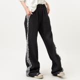 デニムブラック | デニム パンツ ワイドパンツ 大きいサイズ ストレートパンツ フリル ジーンズ | HUG.U