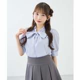 ブルー/ストライプ | 胸刺繍ボウタイ半袖ブラウス | INGNI 