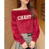 ボルドー/オフホワイト | 7Gオフショルレザー貼付ロゴシャギーニット | INGNI