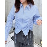 オフブルー/ストライプ | フロントジップストライプドロストギャザークロップドシャツ | INGNI