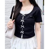 クロ/オフホワイト | プレート付レイヤード前リボンリブTOPs | INGNI