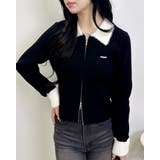 クロ/オフホワイト | 12Gフェザー衿リブニットカーディガン | INGNI