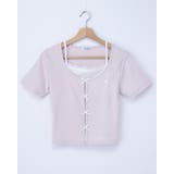 ピンク/オフホワイト | プレート付レイヤード前リボンリブTOPs | INGNI