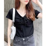 クロ | 衿レース付フロントギャザーリボンリブトップス | INGNI 