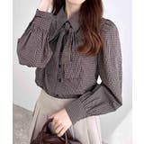 ブラウン/チェック | 胸刺繍ボウタイブラウス | INGNI 