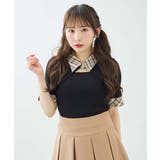 クロ/ベージュチェック | 12G チェック衿デコルテオープン半袖ニット | INGNI