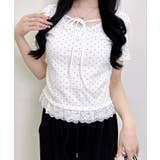 オフホワイト/クロ | レース出しリボン付ドット半袖リブTOPs | INGNI 