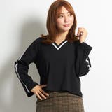ブラック | Vネック ドルマン ライン Tシャツ トップス スポーティー長袖 1885 | candy-house