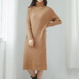 ベージュ | タートルネックニットワンピース リブ ロング | Ada.