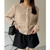 ベージュ | ゴールドボタンツイード風ニットカーディガン | Ada.