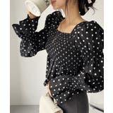 ブラック | スクエアネック ドット クロップド マムルークスリーブ トップス | Ada.