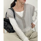 グレー | Vネック 裾フリンジ ラメニット ベスト | Ada.