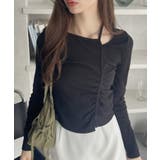 ブラック | シャーリング アシンメトリー テレコ トップス | Ada.