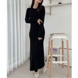 ブラック | クルーネック リブ フレア ニット ワンピース | Ada.
