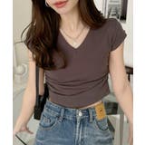 グレー | Vネック サイドシャーリング コンパクト フレンチスリーブ Tシャツ | Ada.