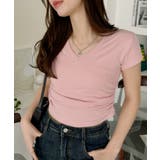 ピンク | Vネック サイドシャーリング コンパクト フレンチスリーブ Tシャツ | Ada.